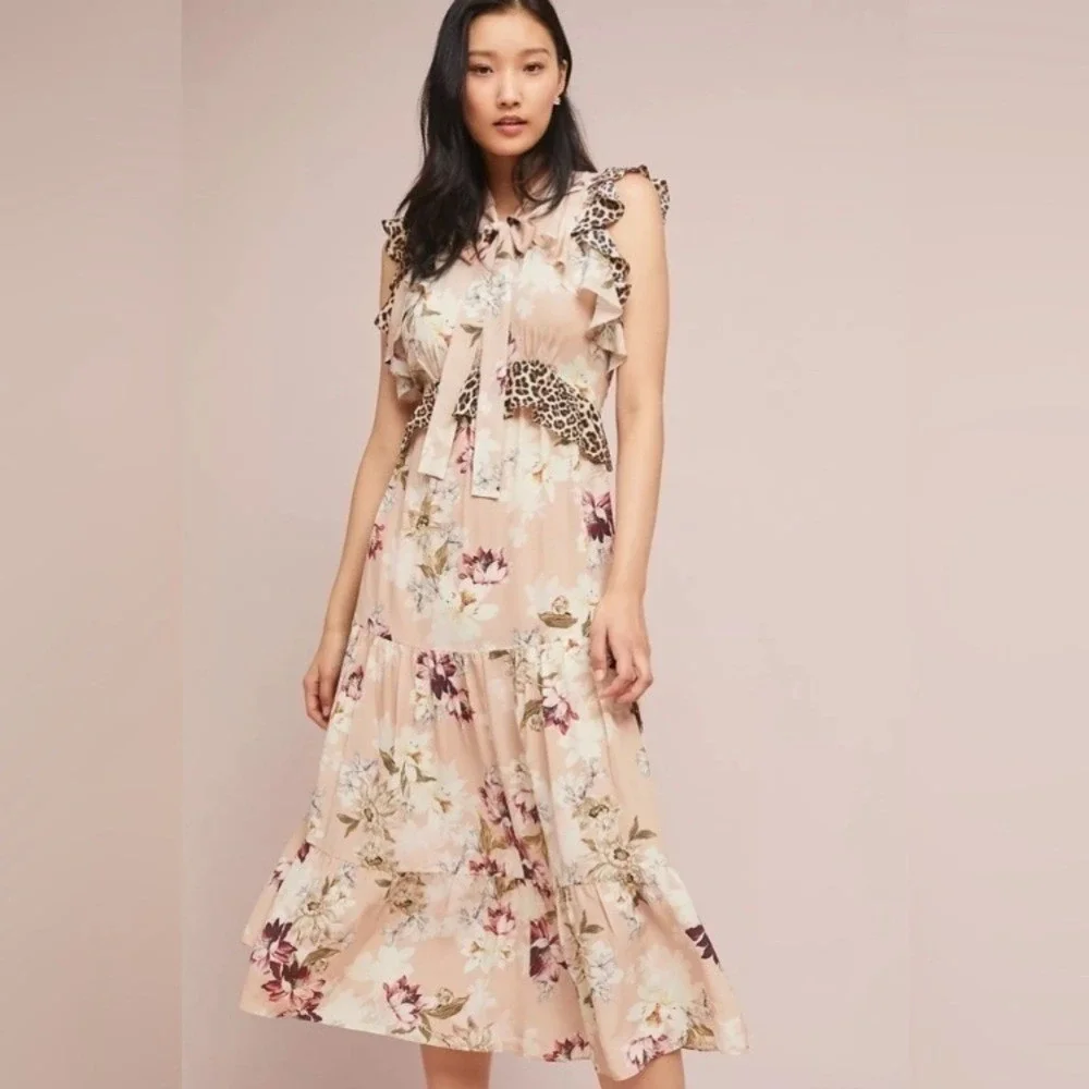 Anthropologie Kachel Sedona Sunrise‎ Silk Maxi Dress size 4 floral animal print